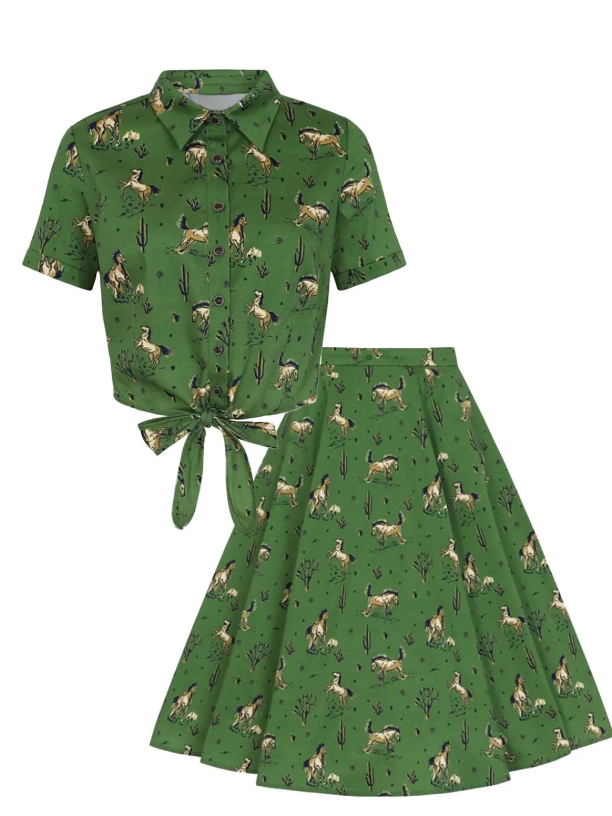 Hot Retro Stage 2PCS 1970s Horse Blouse Top & Skirt Green