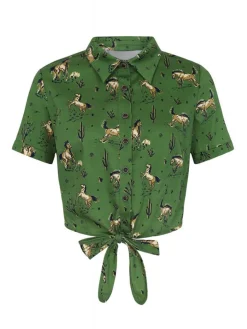 Hot Retro Stage 2PCS 1970s Horse Blouse Top & Skirt Green