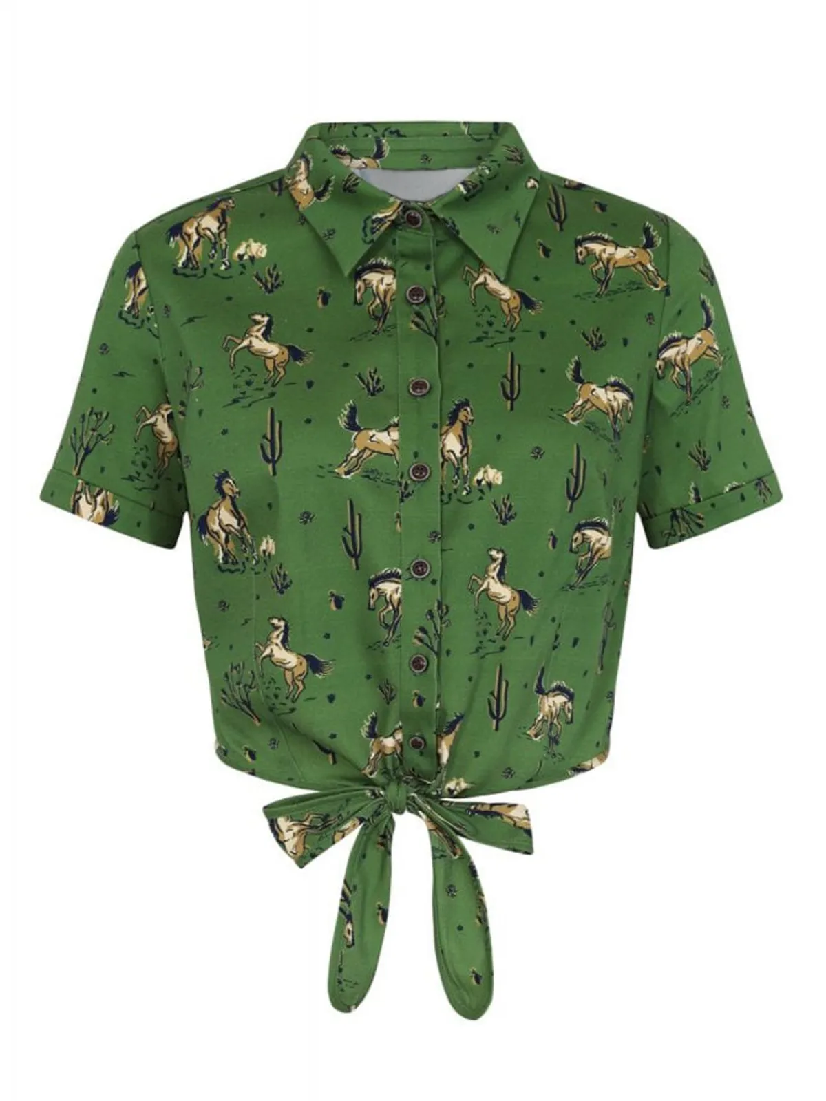 Hot Retro Stage 2PCS 1970s Horse Blouse Top & Skirt Green