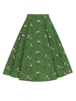 Hot Retro Stage 2PCS 1970s Horse Blouse Top & Skirt Green