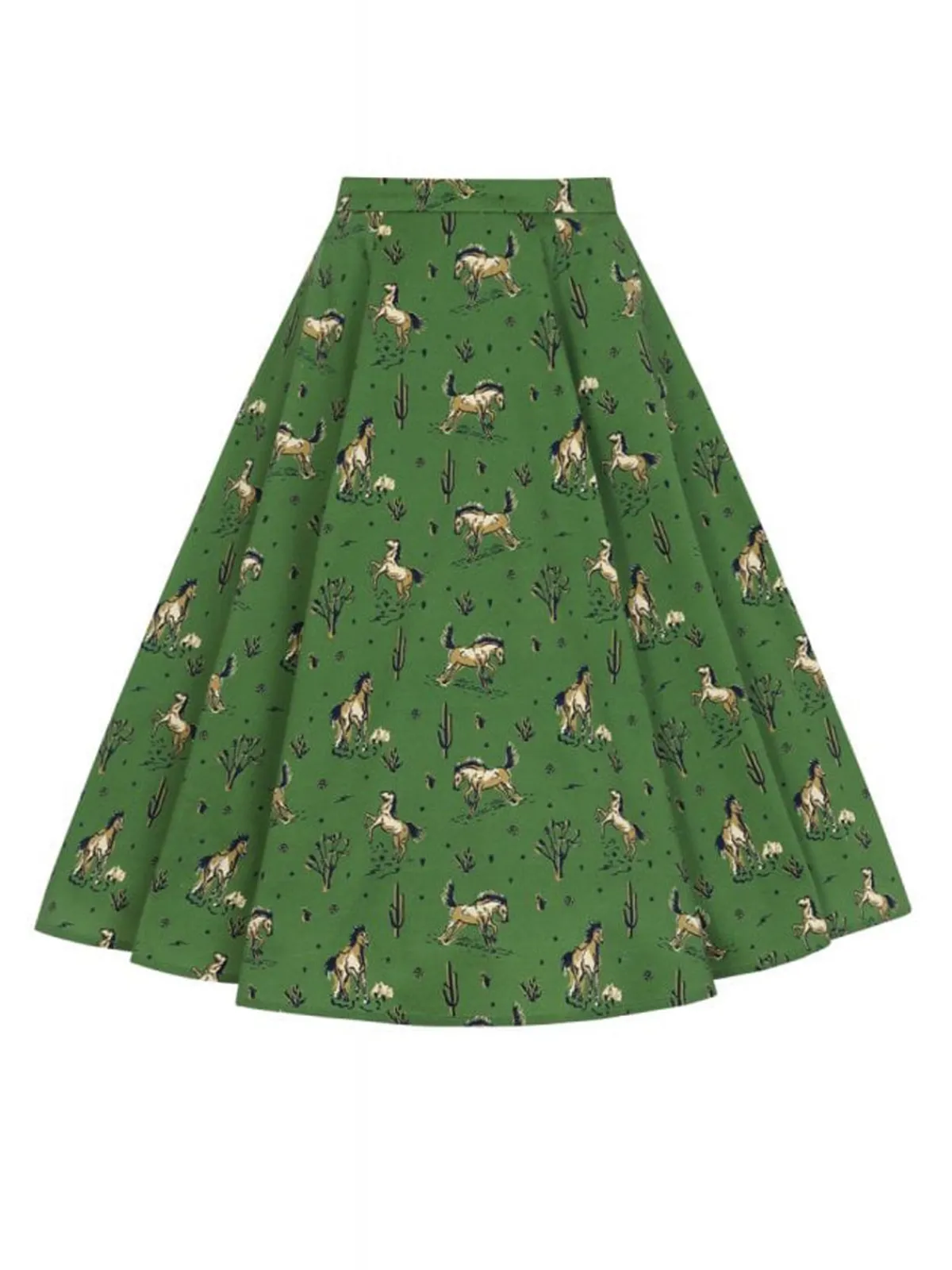 Hot Retro Stage 2PCS 1970s Horse Blouse Top & Skirt Green