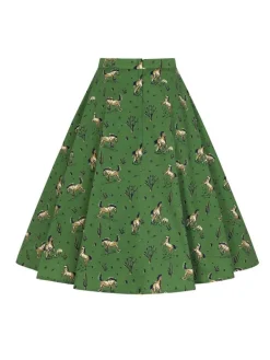 Hot Retro Stage 2PCS 1970s Horse Blouse Top & Skirt Green