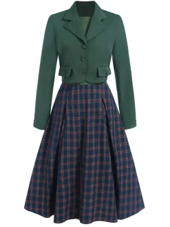 Best Retro Stage 2PCS Green 1940s Lapel Button Blazer & Plaids Dress Dark Green