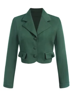 Best Retro Stage 2PCS Green 1940s Lapel Button Blazer & Plaids Dress Dark Green
