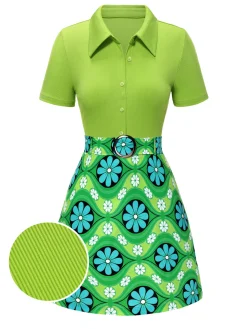 Sale Retro Stage 2PCS 1960s Lapel Knitted Blouse & Floral Skirt Green