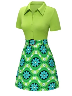 Sale Retro Stage 2PCS 1960s Lapel Knitted Blouse & Floral Skirt Green