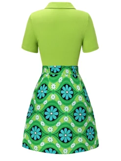Sale Retro Stage 2PCS 1960s Lapel Knitted Blouse & Floral Skirt Green