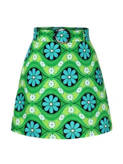 Sale Retro Stage 2PCS 1960s Lapel Knitted Blouse & Floral Skirt Green