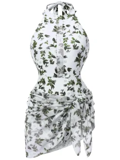 Hot Retro Stage 2PCS 1930s Leaf Print Halter One-Piece Swimsuit & Cover Up Green