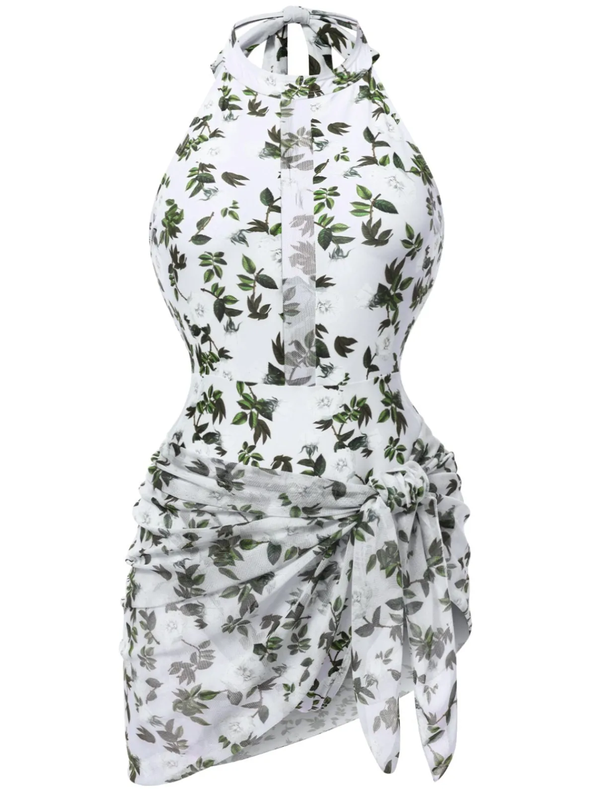 Hot Retro Stage 2PCS 1930s Leaf Print Halter One-Piece Swimsuit & Cover Up Green