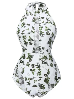 Hot Retro Stage 2PCS 1930s Leaf Print Halter One-Piece Swimsuit & Cover Up Green