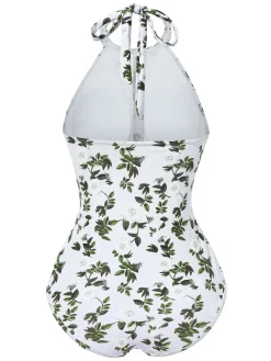 Hot Retro Stage 2PCS 1930s Leaf Print Halter One-Piece Swimsuit & Cover Up Green