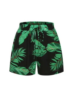 Online Retro Stage 2PCS 1980s Palm Leaves Tropical Top & Shorts Green