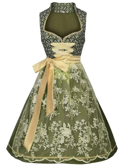 Clearance Retro Stage 2PCS 1950s Ribbon Floral Dress & Embroidered Apron Green