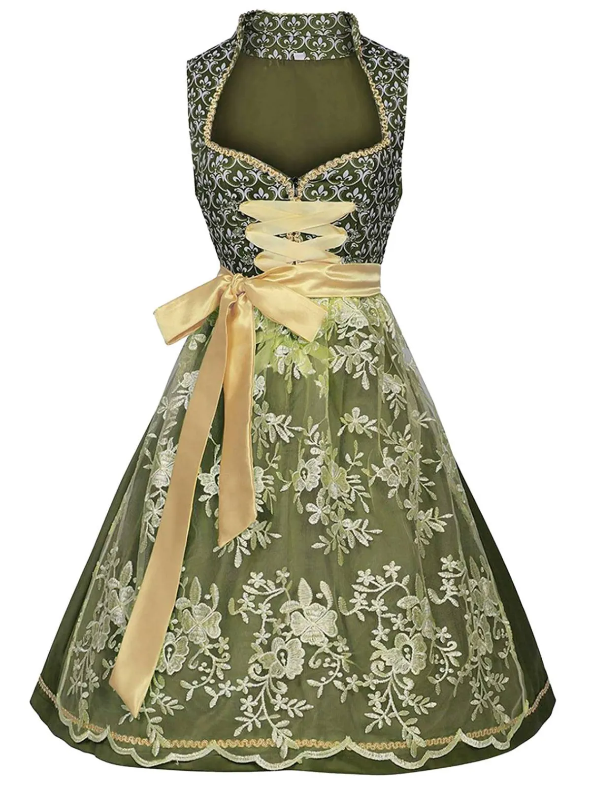 Clearance Retro Stage 2PCS 1950s Ribbon Floral Dress & Embroidered Apron Green