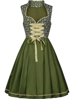 Clearance Retro Stage 2PCS 1950s Ribbon Floral Dress & Embroidered Apron Green