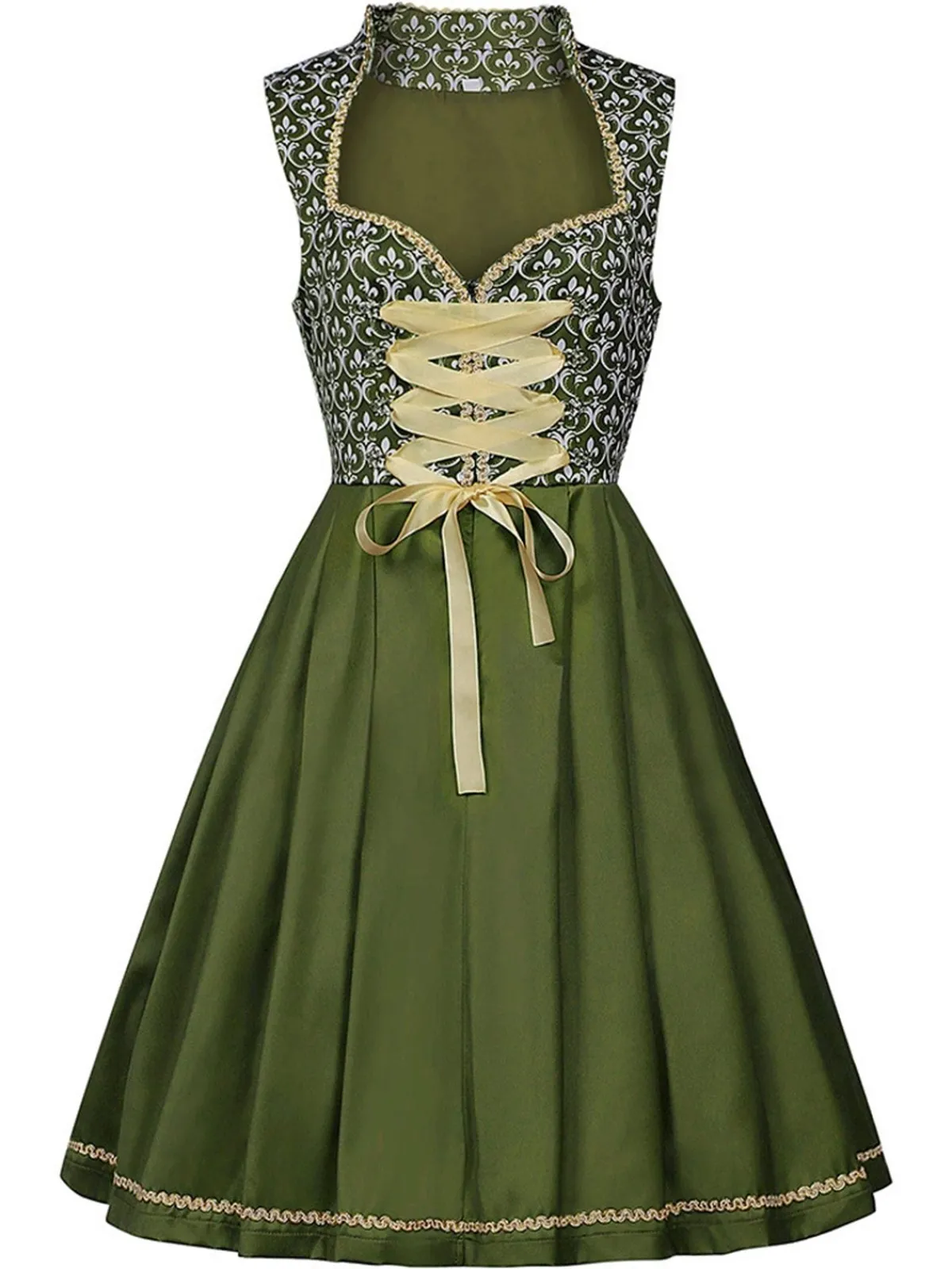 Clearance Retro Stage 2PCS 1950s Ribbon Floral Dress & Embroidered Apron Green