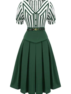 Outlet Retro Stage 2PCS Green 1950s Striped Blouse & Pleated Skirt