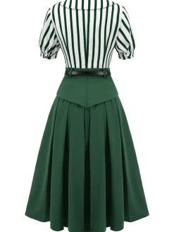 Outlet Retro Stage 2PCS Green 1950s Striped Blouse & Pleated Skirt