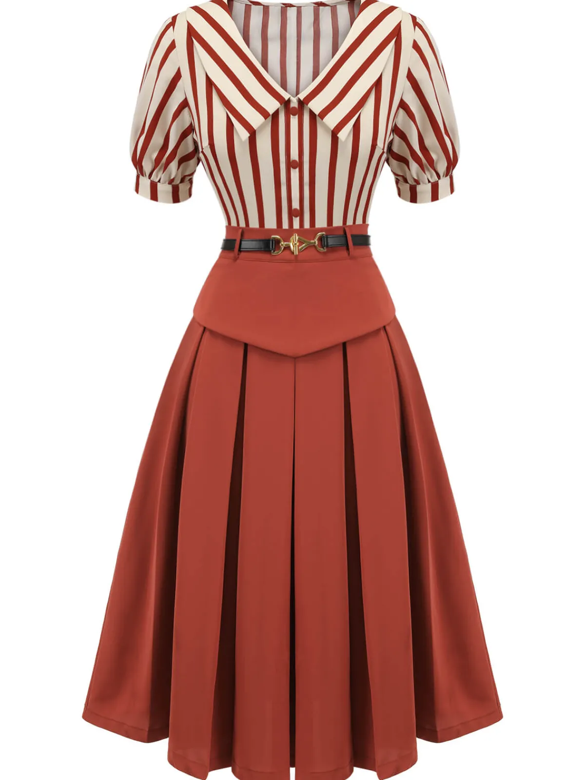 Outlet Retro Stage 2PCS Green 1950s Striped Blouse & Pleated Skirt