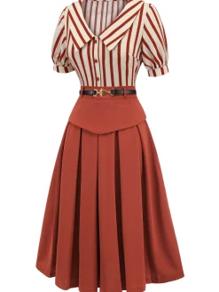 Outlet Retro Stage 2PCS Green 1950s Striped Blouse & Pleated Skirt