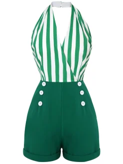 Clearance Retro Stage 2PCS 1950s Stripes Romper & Umbrella Skirt Green