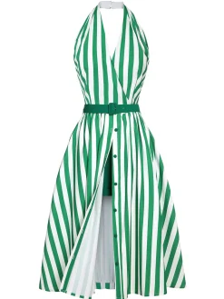 Clearance Retro Stage 2PCS 1950s Stripes Romper & Umbrella Skirt Green