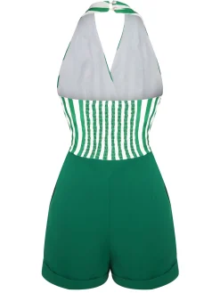 Clearance Retro Stage 2PCS 1950s Stripes Romper & Umbrella Skirt Green