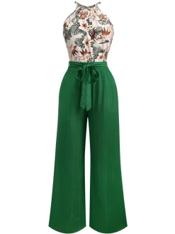 Clearance Retro Stage 2PCS 1950s Tropical Plants Halter Top & Textured Pants Green