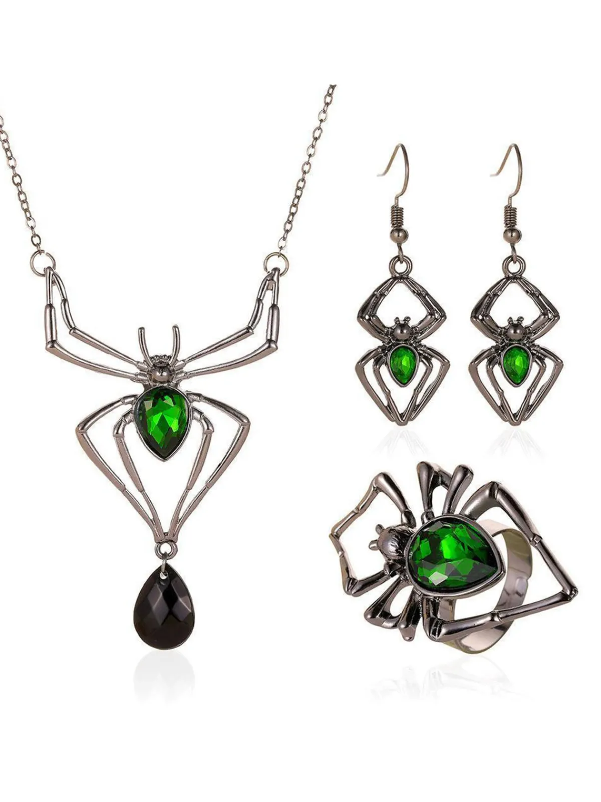 Online Retro Stage 3PCS Green Spider Necklace & Earrings & Ring Set