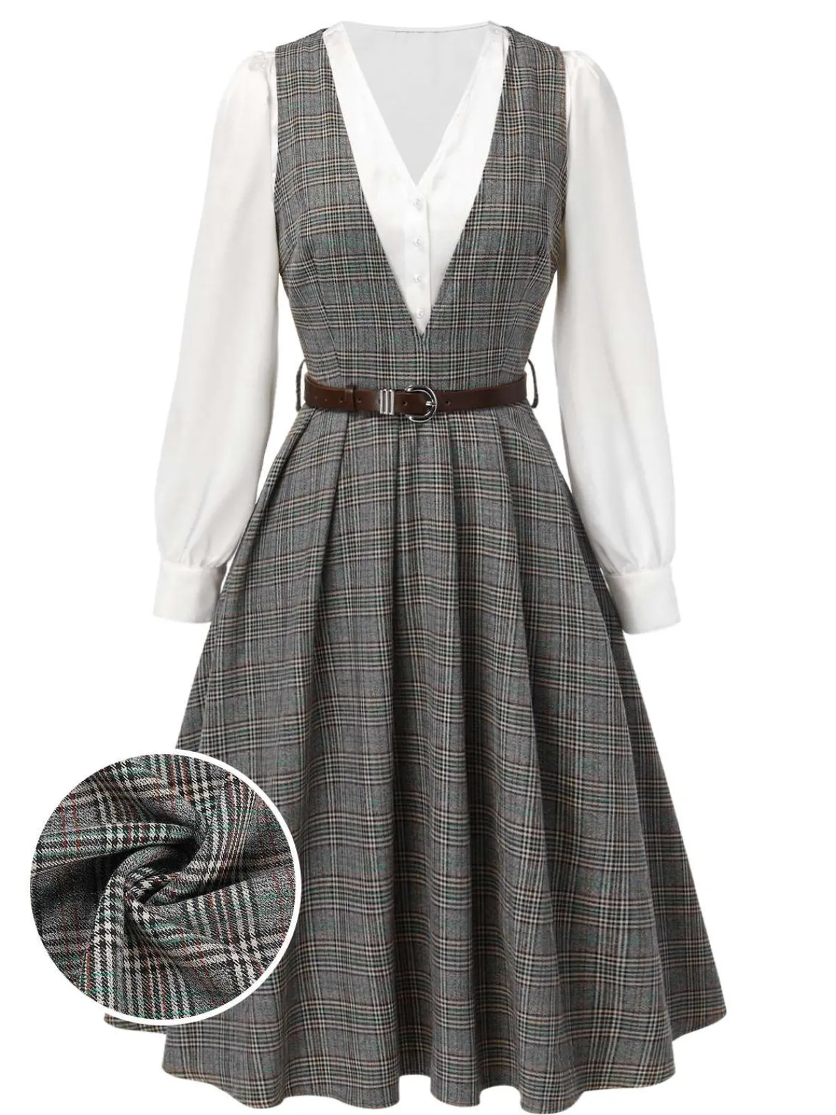 Online Retro Stage 2PCS 1940s V-Neck Plaid Dress & Satin Blouse Grey