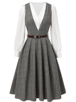 Online Retro Stage 2PCS 1940s V-Neck Plaid Dress & Satin Blouse Grey