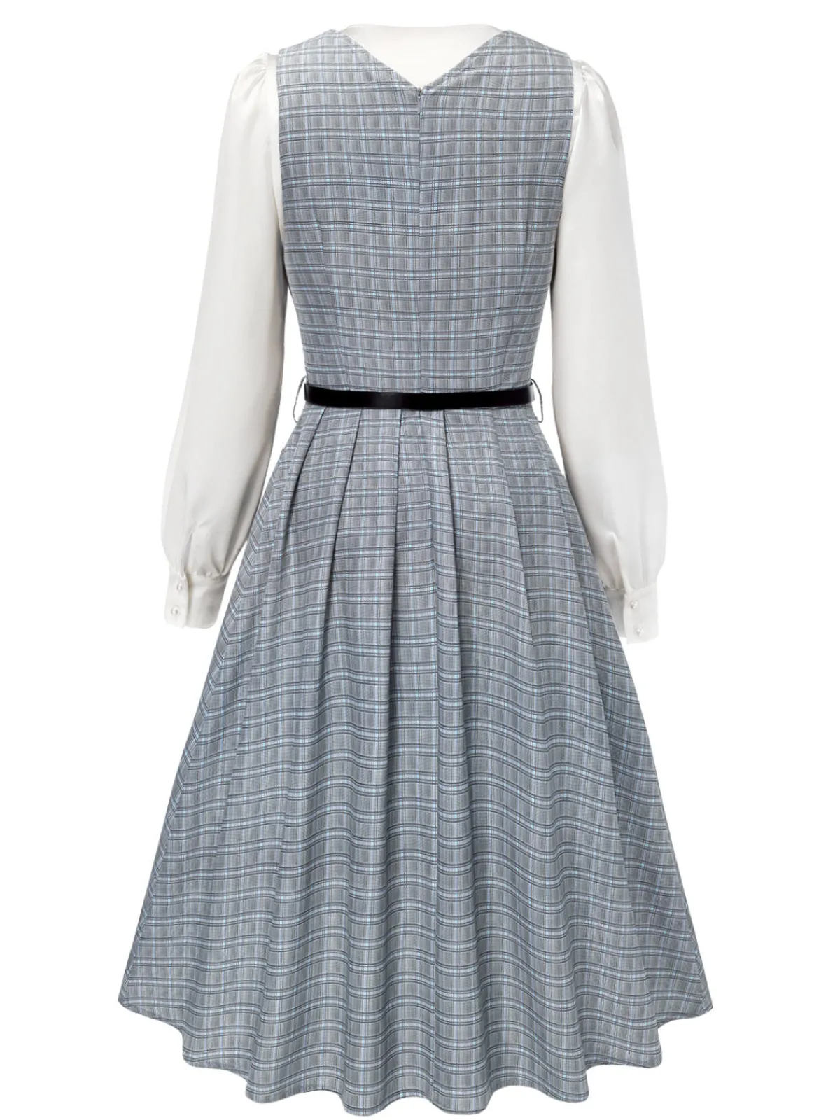 Online Retro Stage 2PCS 1940s V-Neck Plaid Dress & Satin Blouse Grey