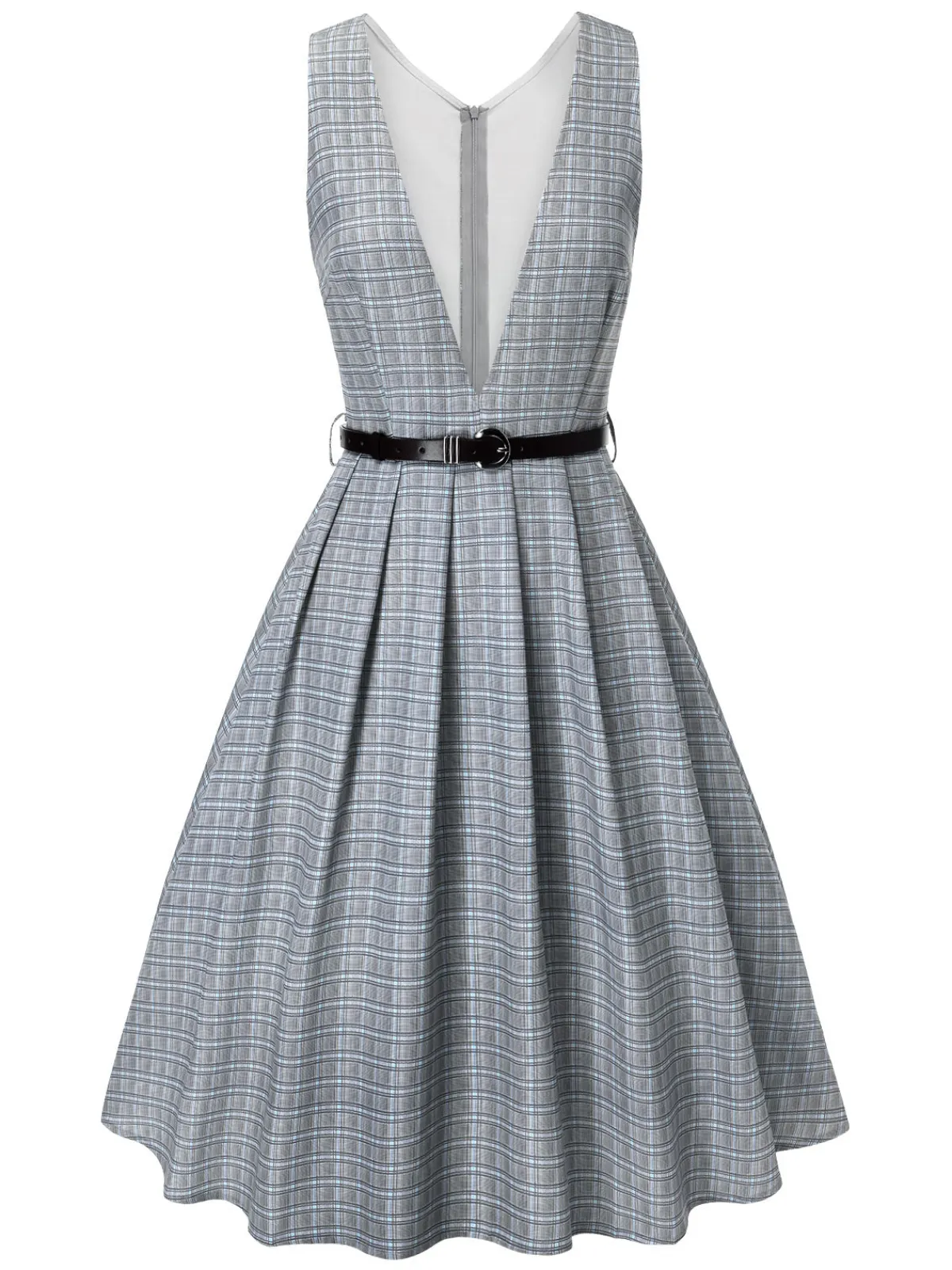 Online Retro Stage 2PCS 1940s V-Neck Plaid Dress & Satin Blouse Grey