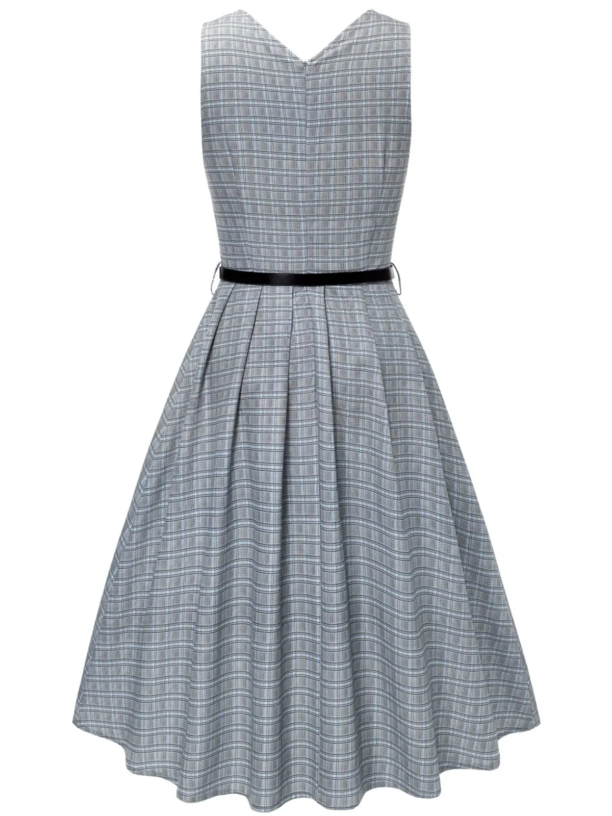Online Retro Stage 2PCS 1940s V-Neck Plaid Dress & Satin Blouse Grey