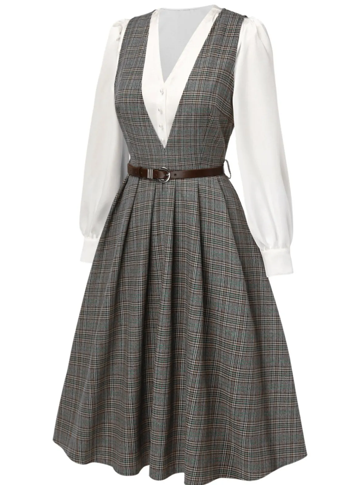 Online Retro Stage 2PCS 1940s V-Neck Plaid Dress & Satin Blouse Grey