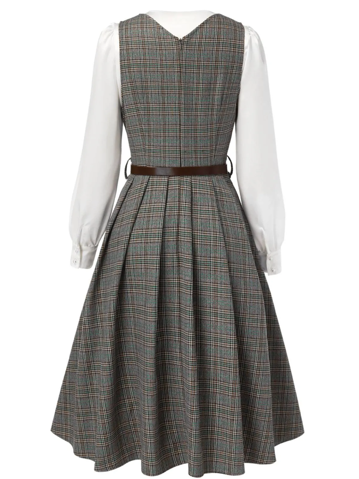 Online Retro Stage 2PCS 1940s V-Neck Plaid Dress & Satin Blouse Grey