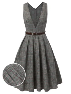 Online Retro Stage 2PCS 1940s V-Neck Plaid Dress & Satin Blouse Grey