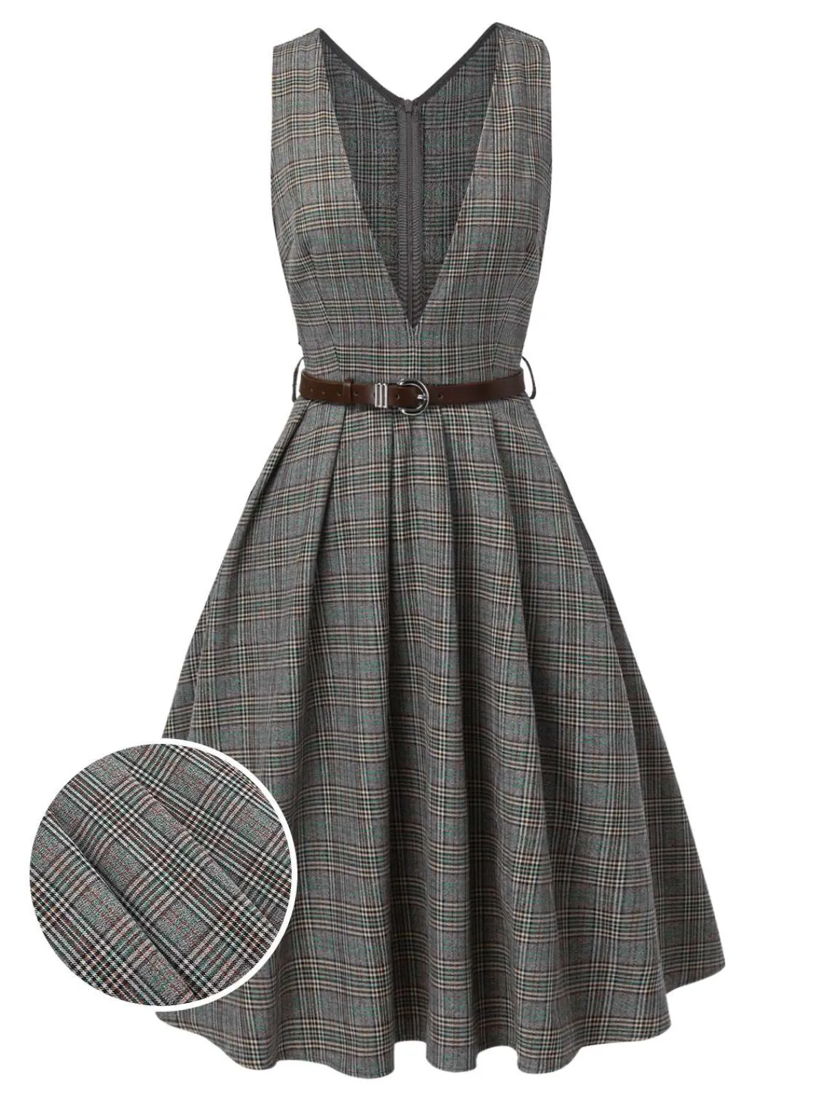 Online Retro Stage 2PCS 1940s V-Neck Plaid Dress & Satin Blouse Grey