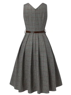 Online Retro Stage 2PCS 1940s V-Neck Plaid Dress & Satin Blouse Grey