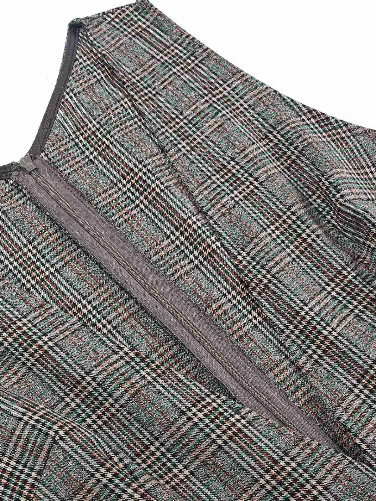 Online Retro Stage 2PCS 1940s V-Neck Plaid Dress & Satin Blouse Grey