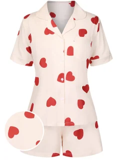 Best Retro Stage 2PCS Heart Short-Sleeved Shirt Shorts Pajamas Beige