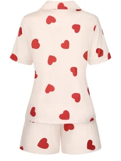 Best Retro Stage 2PCS Heart Short-Sleeved Shirt Shorts Pajamas Beige