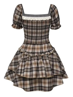 Best Retro Stage 2PCS 1940s Tartan Puff Top & Layered Hem Skirt Khaki