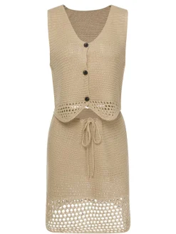 Online Retro Stage 2PCS Khaki 1960s V-Neck Solid Vest & Skirt Light Khaki