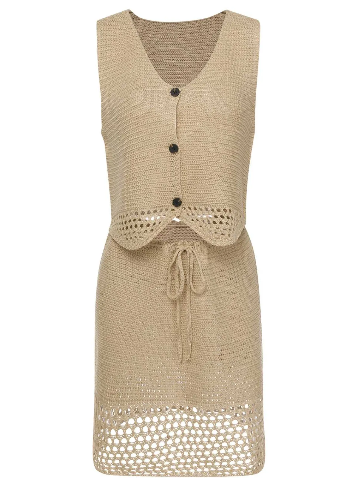 Online Retro Stage 2PCS Khaki 1960s V-Neck Solid Vest & Skirt Light Khaki