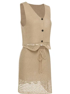 Online Retro Stage 2PCS Khaki 1960s V-Neck Solid Vest & Skirt Light Khaki