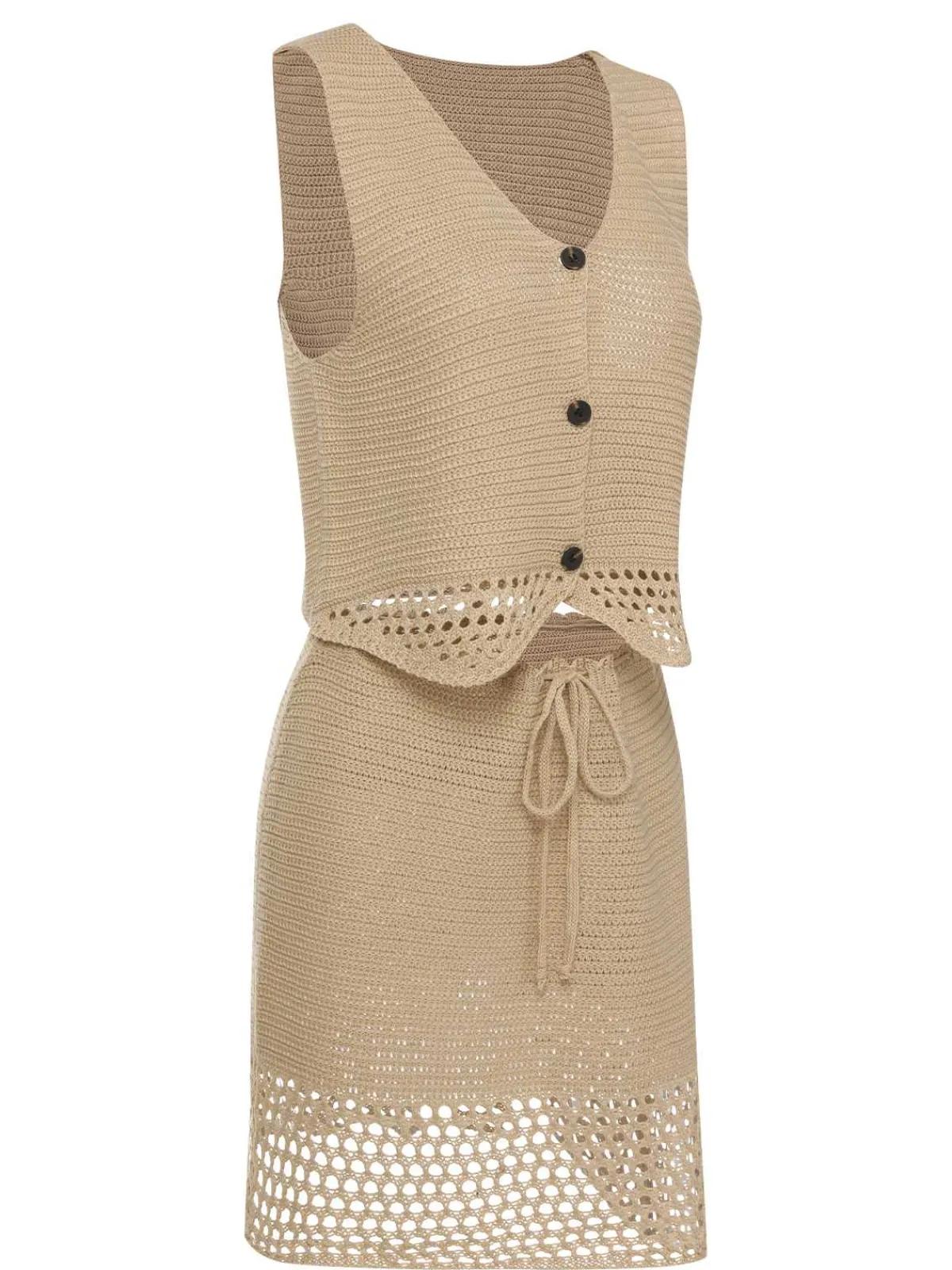 Online Retro Stage 2PCS Khaki 1960s V-Neck Solid Vest & Skirt Light Khaki