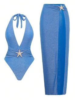 Discount Retro Stage 2PCS 1950s Star Lace-Up Halter Swimsuit & Cover-Up Lake Blue