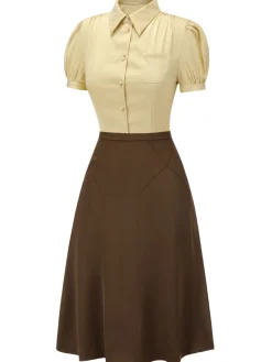 Outlet Retro Stage 2PCS Lapel Puff Sleeve Solid Blouse & High Waist Skirt Yellow & Coffee